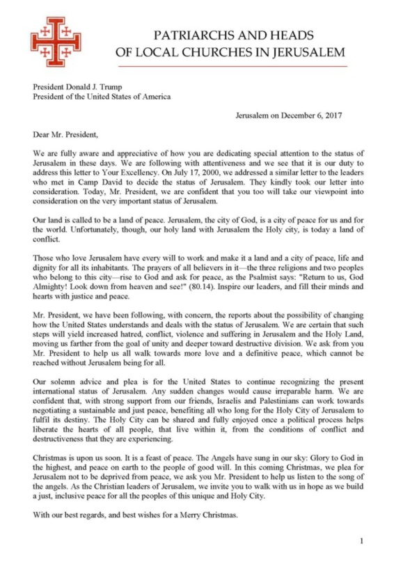 La lettre des chefs des Églises chrétiennes de Jérusalem au président Trump