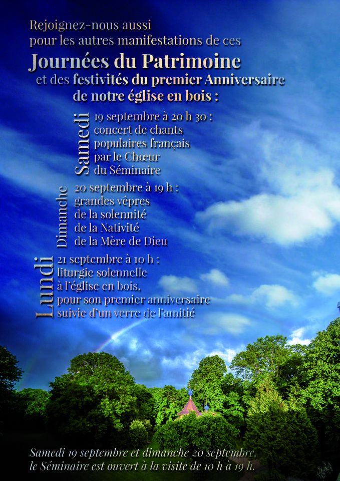 Programme des Journées du patrimoine et des festivités du premier anniversaire de l'église en bois du Séminaire